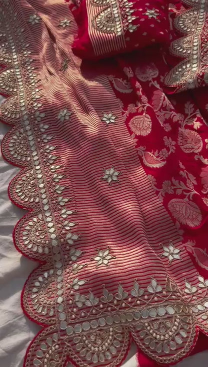 Pure Khaddi Georgette Banarasi Saree with Gotapatti, Zardozi &amp; Pearl Embellishments