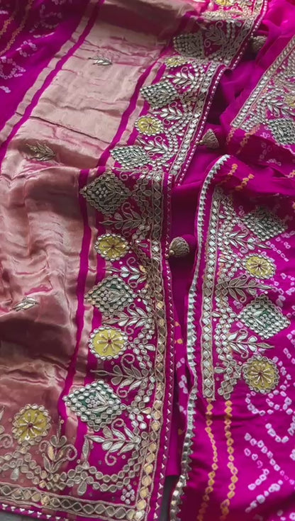 Pure Gajji Silk Handmade Bandhani Saree with Zardozi, Gotapatti & Pearl Detailing