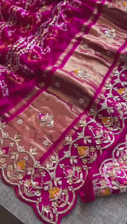 Pure Gajji Silk Handmade Bandhani Saree with Zardozi, Gotapatti & Pearl Detailing