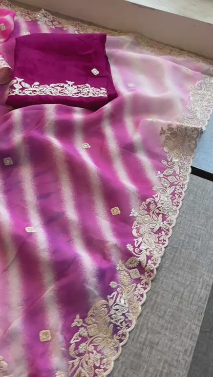 Chinon Crepe Leheriya Saree with Pittan & Sequins Work